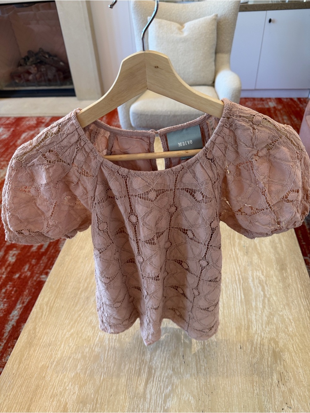 Maeve Dusty Rose Lace Puff-Sleeve Top-Size XS- PreOwned